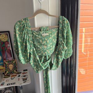 Spell Cropped Blouse Puff Sleeve Green Size L